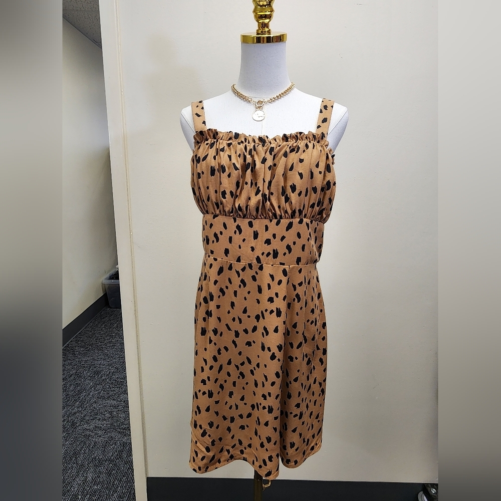 Trixxi NWT Tan Leopard Print Mini Dress Shirred Bodice Spaghetti Strap Sz Large